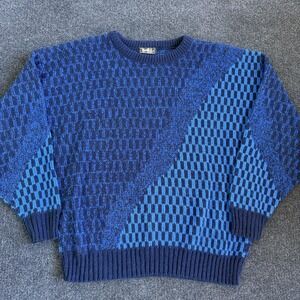 Vintage Van Cort Sweater Mens XL Blue Geometric Chunky Knit Crewneck Pullover